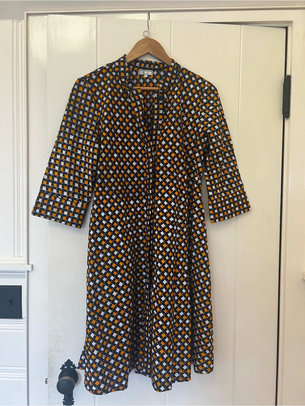 Geometric A-Line Midi Dress in Black and Mustard
